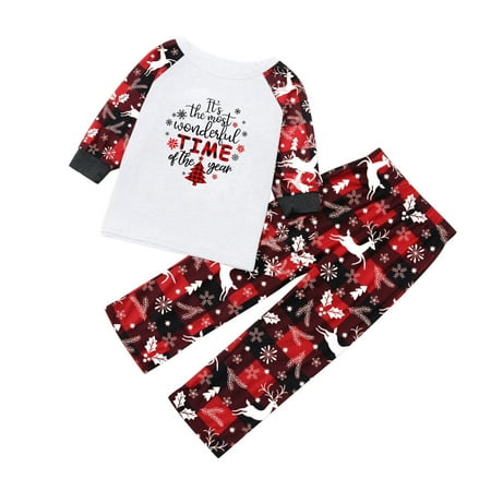 

Gyedtr Parent-Child Attire Christmas Suits Patchwork Plaid Printed Homewear Round Neck Long Sleeve Pajamas Two-Piece Kids Sets