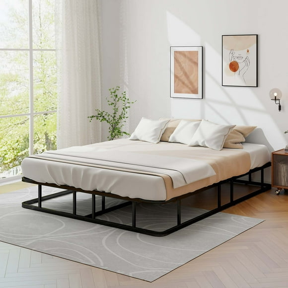 Costway Grand Size Métal Plate-Forme Lit Cadre Matelas Fondation avec Support de Latte Noir