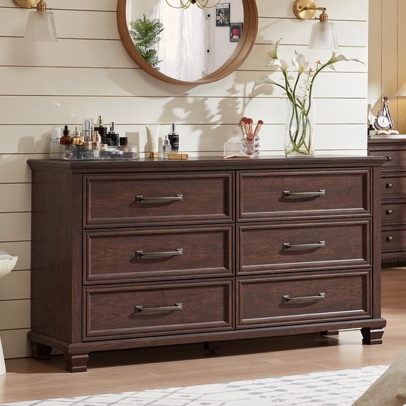 LELELINKY Farmhouse 6 Drawer Dresser, 54" Long Dressers for Bedroom, Chest of Drawers Closet Organizers and Storage Clothes for Living Room, Hallway, Walnut