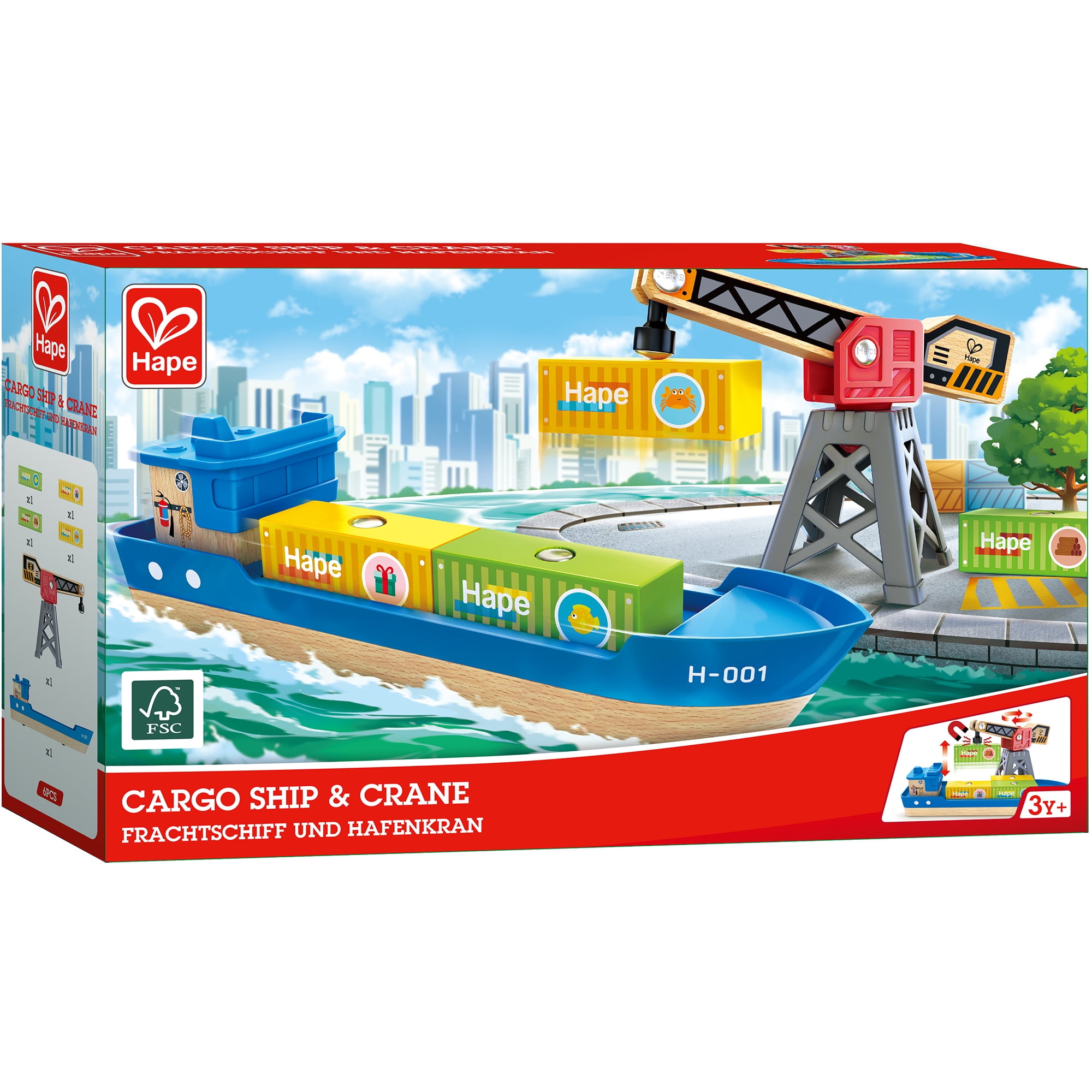 Hape: Cargo Ship & Crane - 6 pc Train Playset, Functional Crane, Wooden Toy, Magnetic Linking, Cargo Accessories, Push & Pull, Kids Ages 3+