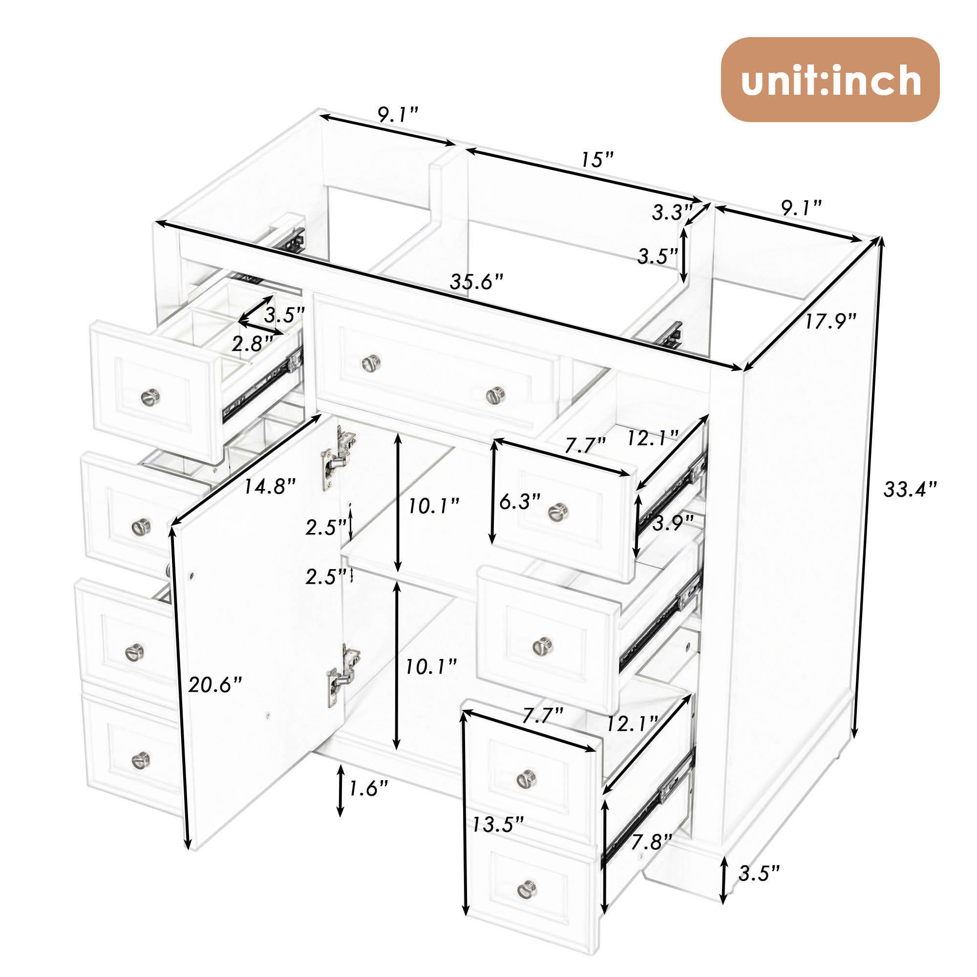MAYEERTY 36" Bathroom Vanity without Sink Cabinet Base 1 Cabinet 6 Drawers White