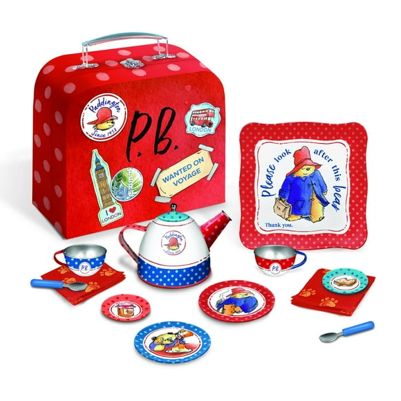 YOTTOY Paddington Bear Collection | 14-Piece Kids Tin Tea Set with illustrations & Sturdy Carrying Case