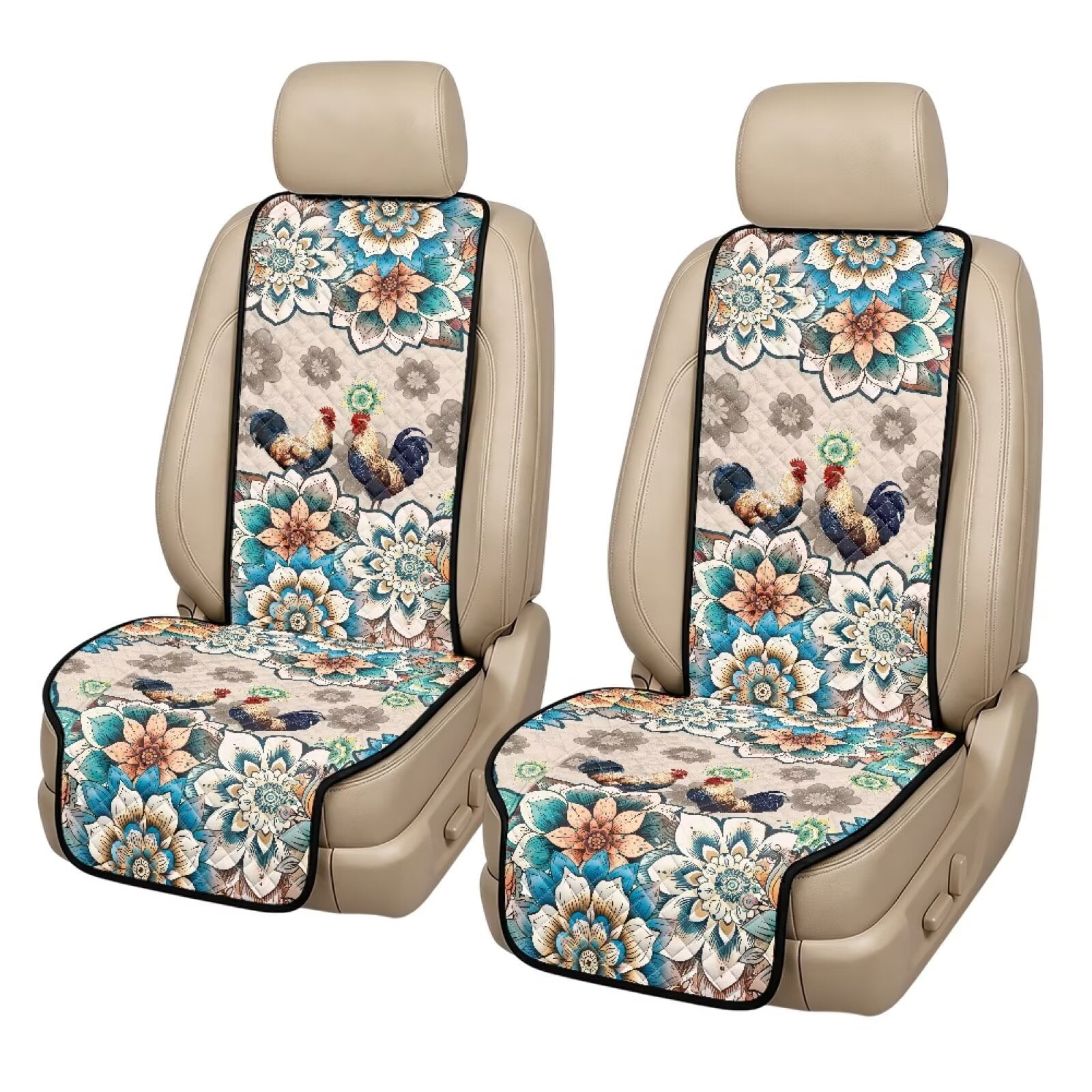 FKELYI Bohemian Car Seat Covers for Front Seat Flower Rooster Vehicle Seat Protector Covers 2 Pcs Set Dustproof Machine Washable Non-Slip Auto Interior Decor with Buckle Breathable