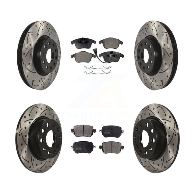 Transit Auto Front Rear Coated Drilled Slotted Disc Brake Rotors and Semi-Metallic Pads Kit for Car Volkswagen Passat KDF-100572