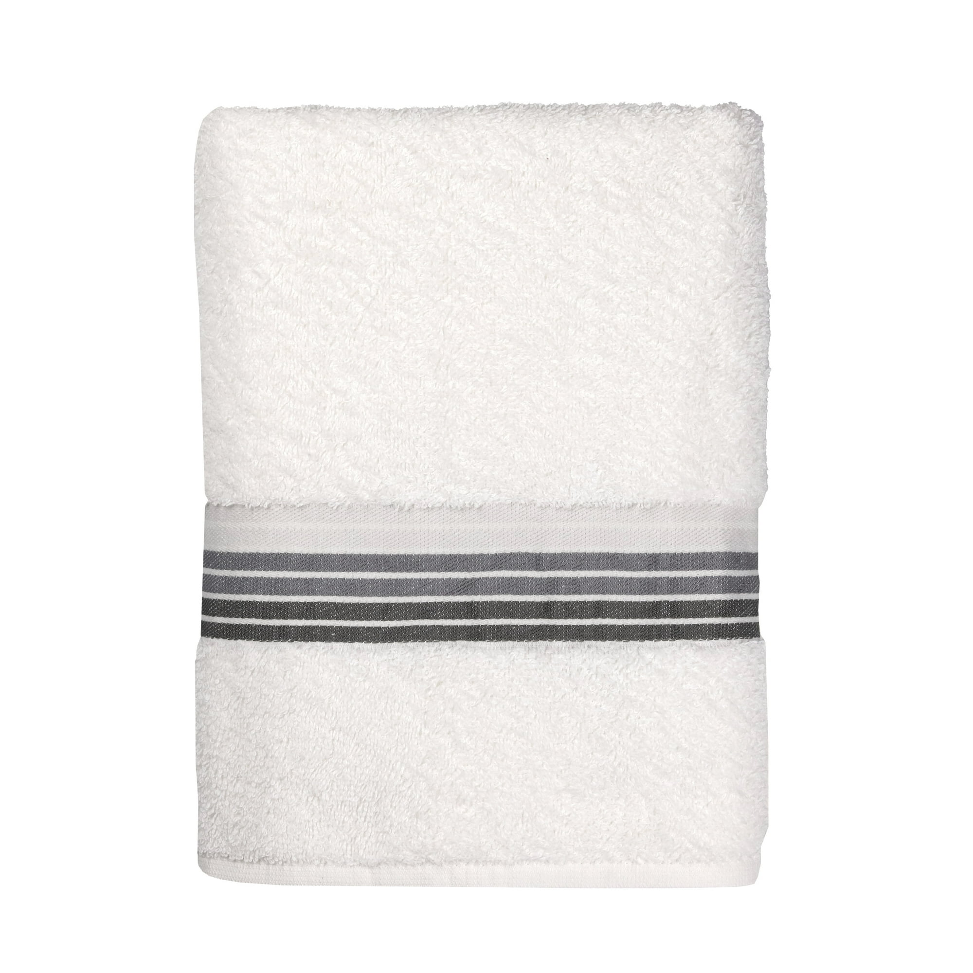 Mainstays Basic Bath Towel, White, 100% Cotton, Striped, 27 in x 52 in