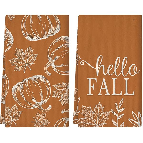 wonima44 Fall Kitchen Towels Set of 2 Pumpkin Maple Leaves Hello Fall Autumn Kitchen Towels Farmhouse Home Thanksgiving Harvest Vintage Decorations, 18x26 Inch