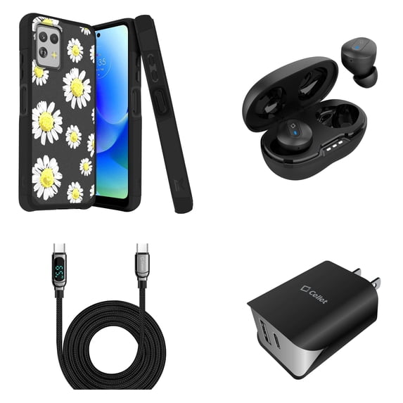 BD Combo Bundle Case for Moto G Power 5G 2023 Case - (Chamomile) Dual Shockproof Protector Armor Case with Wireless Earbuds, UL Certified Dual Wall Charger, Digital Display USB-C to USB-C Cable