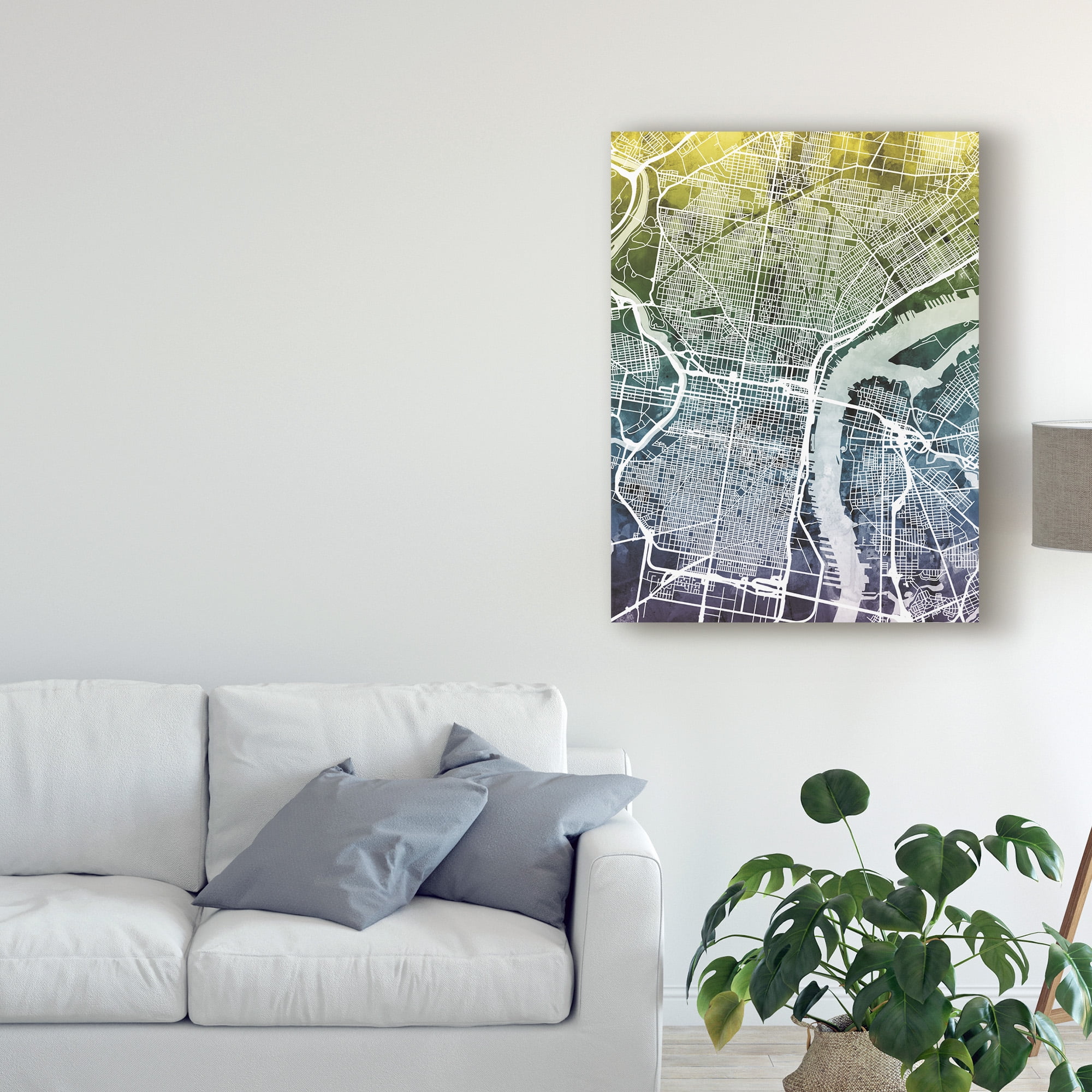 Trademark Fine Art 'Philadelphia Pennsylvania City Street Map Blue Yellow' Canvas Art by Michael Tompsett