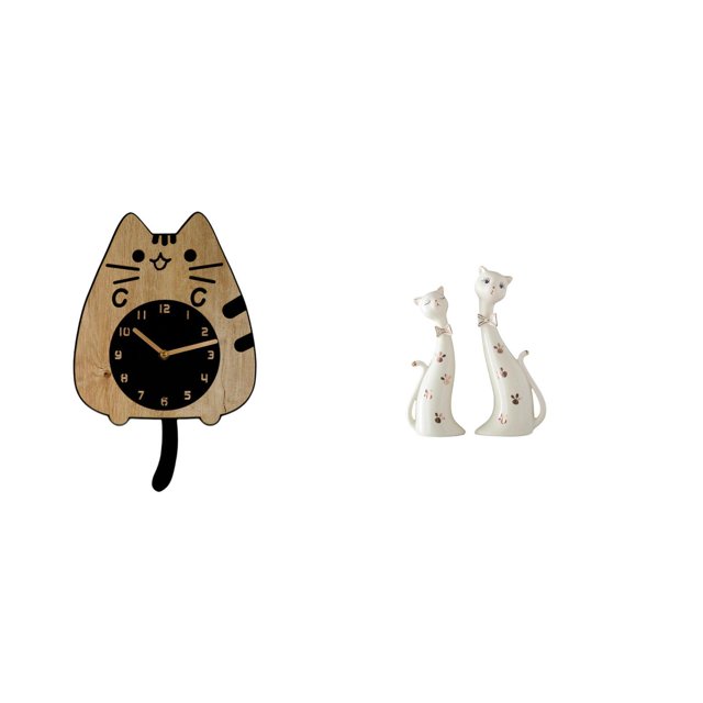 Reloj de pared,Reloj de pared decorativo con forma de gato para sala de estar silenciosa,Reloj de pared de madera,decoración moderna,Figura de gato,Esculturas de gatos de pareja,figura
