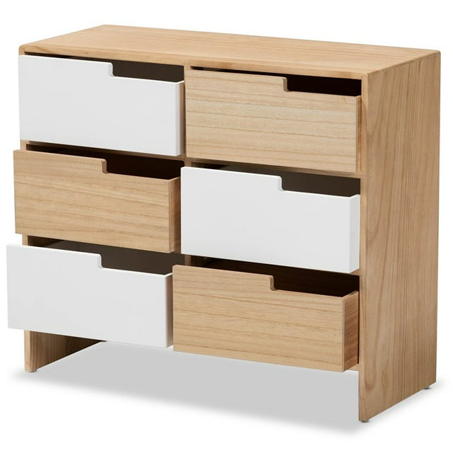 Baxton Studio Eben Blanc et Chêne Brun Fini Bois Armoire de Rangement à 6 Tiroirs