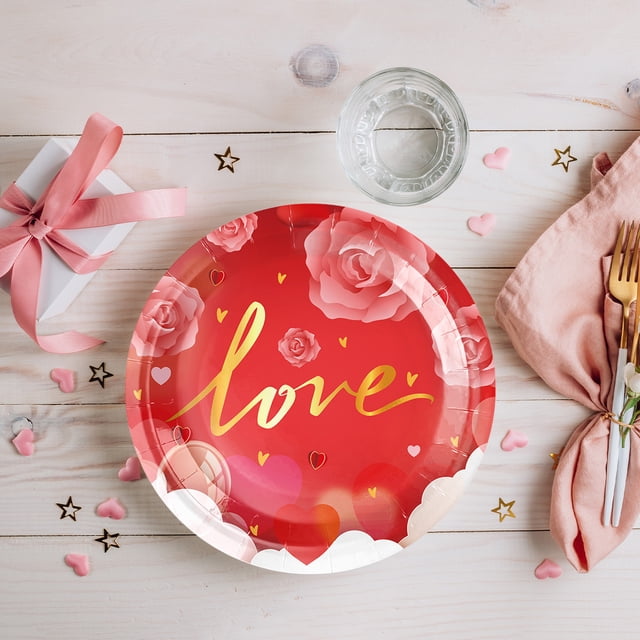 Yhsdtq,Value for Money,Valentine's Day Paper Plates, Waterproof Oil-Resistant, Thickened Sturdy Pulp, Red Heart Design, For Parties, Durable, Biodegradable, Eco-Friendly, 8-Inch Diameter, 50-Pack
