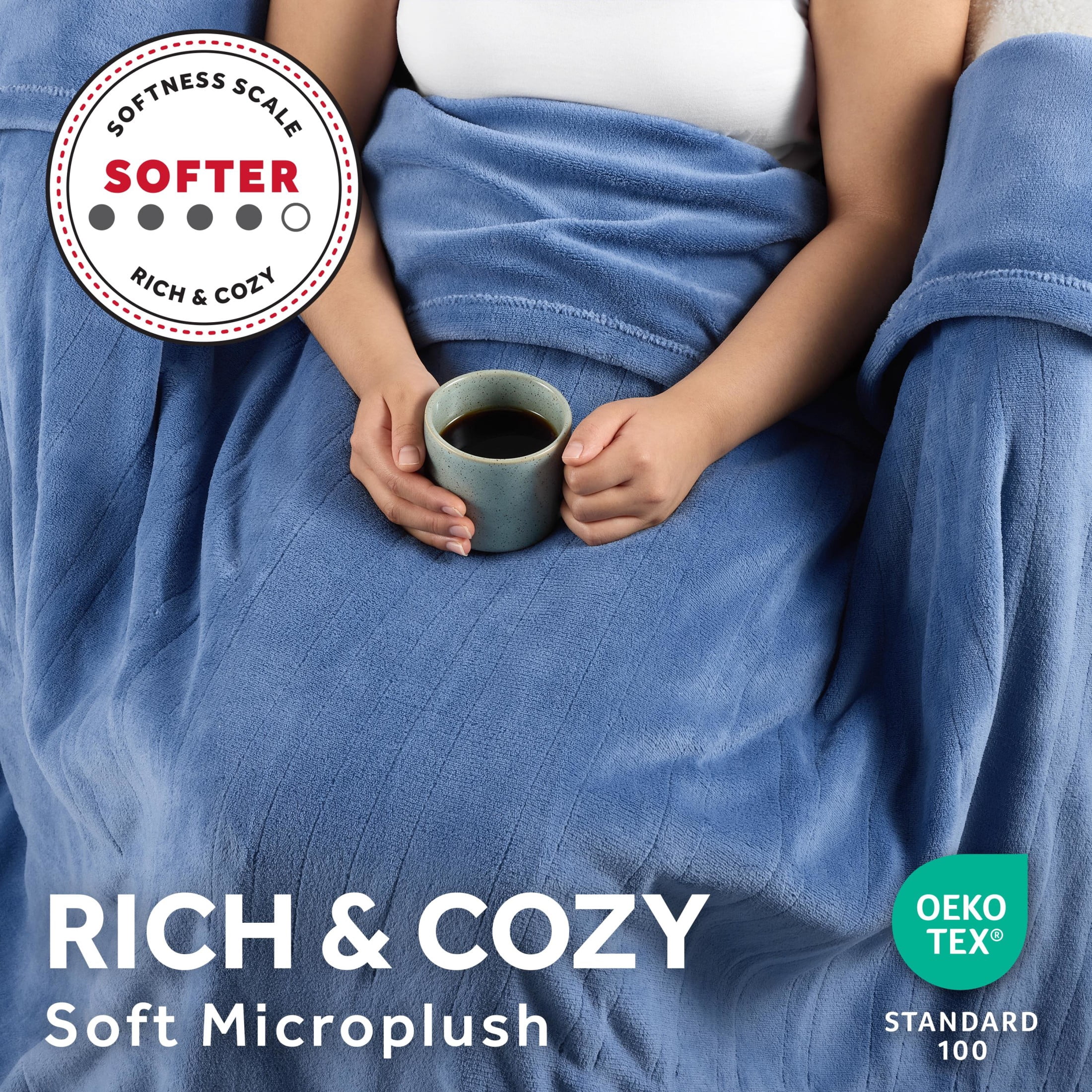 Sunbeam Electric Heated Throw Blanket Oversize Blue Corduroy Microplush 4 Heat Settings