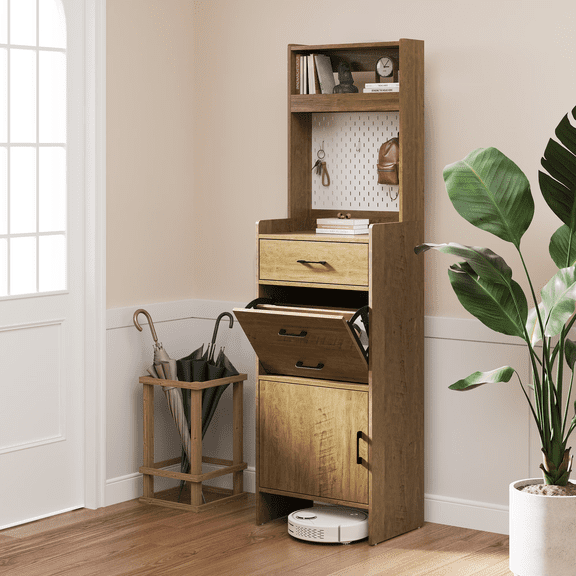 5-in-1 Entryway Shoe Cabinet with Flip Drawer & Pegboard, Wood Shoe Storage Organizer with Adjustable Shelves, Anti-Tip Hall Tree for Foyer Living Room Bedroom