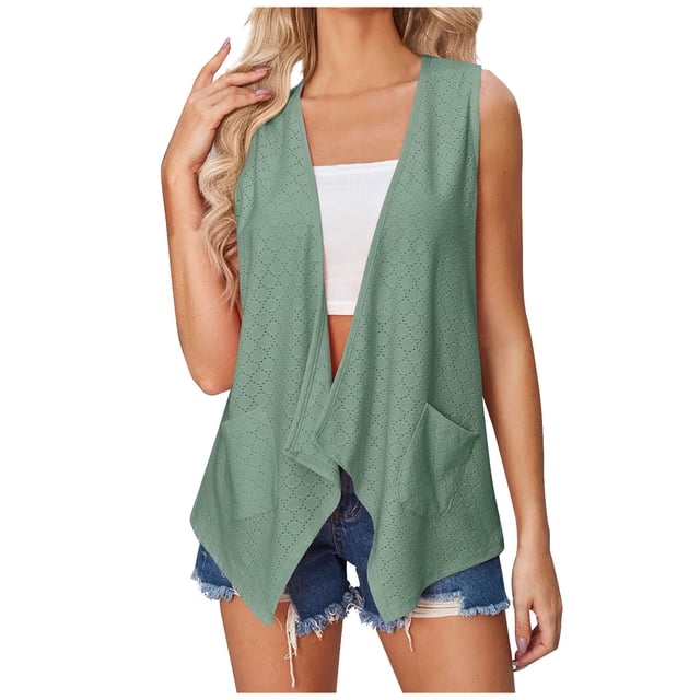 AherBiu Cardigans Boho pour Femmes Trou Illet Ouvert devant Sans Manches Tops d'Été Décontractés avec Poches