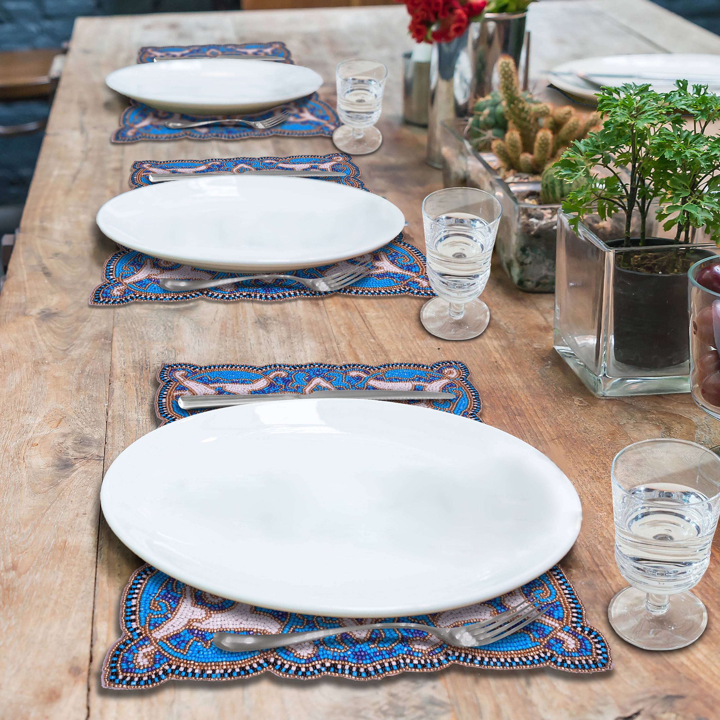 Blue White Beaded Placemats for Fall Autumn Thanksgiving Dining Table Scratch Heat Resistant Charger Mats Kitchen Decor Set of 6