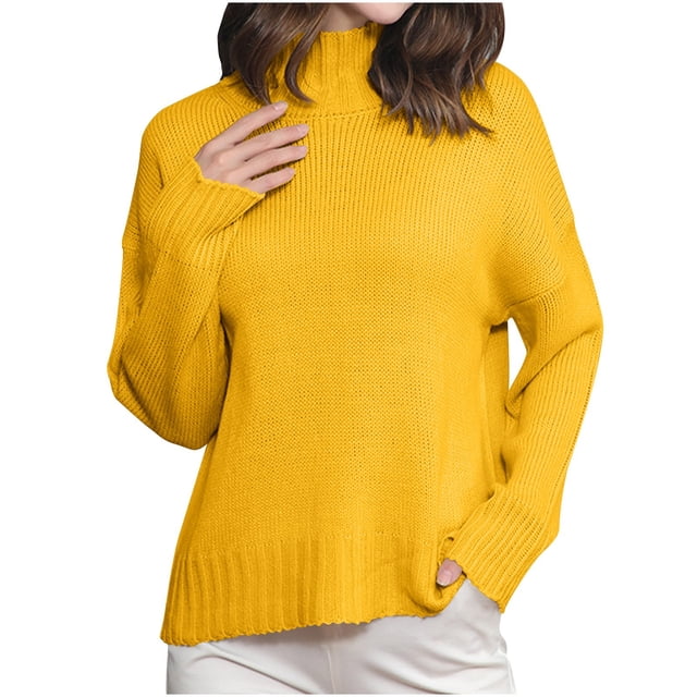 T-shirts Unis en Crochet Jaune Moutarde pour Femmes, Hauts à Blocs de Couleur, Tee-Shirt à Manches Longues Col Rond Col Roulé, Chandail Décontracté Automne Hiver, T-Shirt Mode Automne 2025