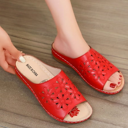 

FITORON Women s Slippers- Summer Hollow Fish Mouth Sandals and Slippers Female Large Size Carved Slope with Low Heel Fish Mouth Casual Slippers Red 40