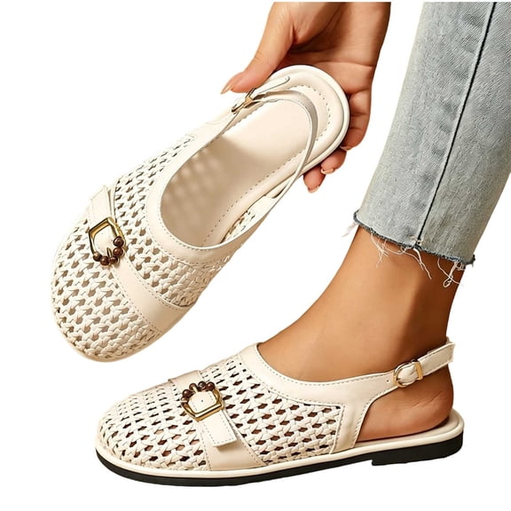 Samdudou Womens Casual Shoes Closed Toe Slingback Woven Faux Leather Upper Adjustable Strap Vintage Metallic Buckle Detail Flat Sole Daily Walking Dressy Summer Footwear