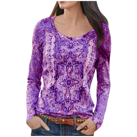 Dianli Womens Sweaters Long Sleeve Round Neck Sweatshirt Vintage Print Blouses Casual Loose Tops
