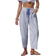 thumbnail image 2 of Women's Casual Barrel Pants Summer Striped Drawstring Wide Leg Trousers Beach Lounge Capri Pants with Pockets Dark Blue 2XL, 2 of 8