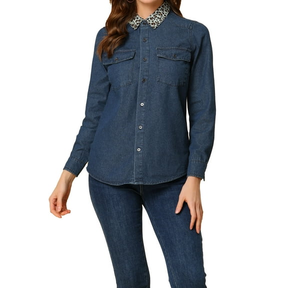 INSPIRE CHIC Women's Leopard Print Collar Button Up Long Sleeve Denim Shirt with Pockets S Blue