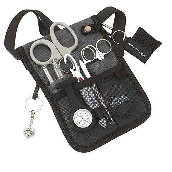 ASA TECHMED Medical Belt Utility Kit – Nurse Pro Pocket Organizer Pouch with Multiple Compartments, Adjustable Waist Belt, Grey 1 Pack