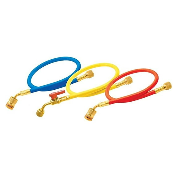 EZ5HS Refrigerant Hose Set - 5ft Anti-Blowback HVAC Service Hoses - R-410A, CFC, HCFC & HFC Compatible - ¼” Fittings - Red, Yellow, Blue