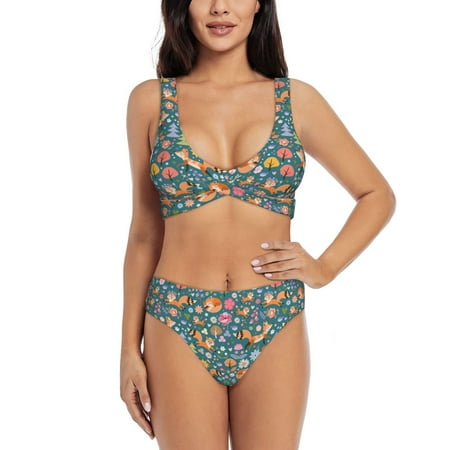 Zeuib Foxes and Birds in Forest High Waisted Tummy Control Bikini Set - Knot Front Push Up Top & Cheeky Thong Bottom  Two-Piece Swimsuit for Women-Large