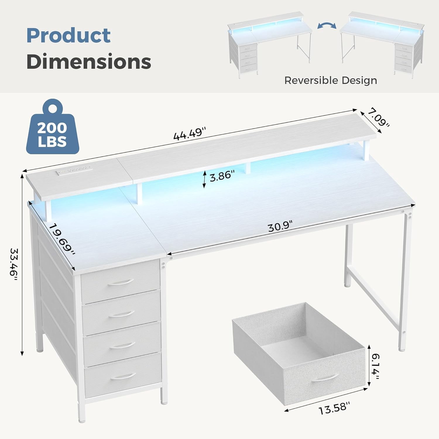 EDX 47 Inch Computer Desk with Power Outlets and LED Lights, Gaming Desk with 4 Drawers, Office Desk with Monitor Stand, Study Work Home Office, Small Spaces, White