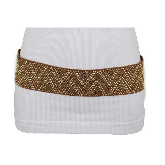 Women Brown Fashion Elastic Fabric Waistband Belt Gold Studs S M