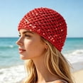 thumbnail image 2 of Valora Glitter Sequin Mesh Boho Hollow Out Beret For Beach Travel Party Fashion Hat Red, 2 of 4
