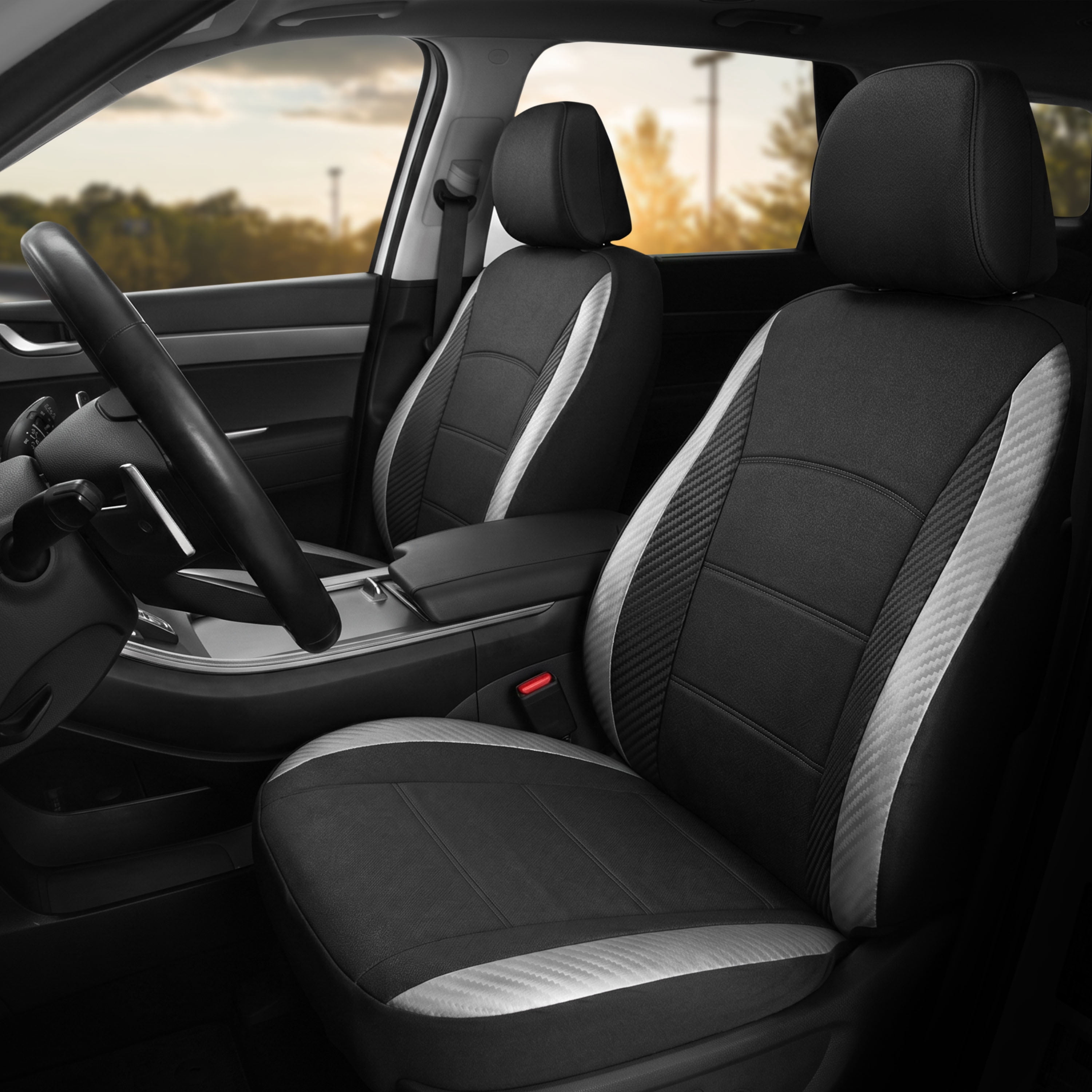 Auto Drive Front Bucket Seat Covers, 2-Piece Set, Faux Leather, Universal Fit for Cars, SUVs & CUVs, Black/Grey Carbon Fiber