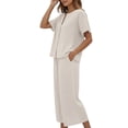 thumbnail image 7 of Women's Cotton Linen Short Sleeve Wide Leg Cropped Pants Suit, 7 of 7