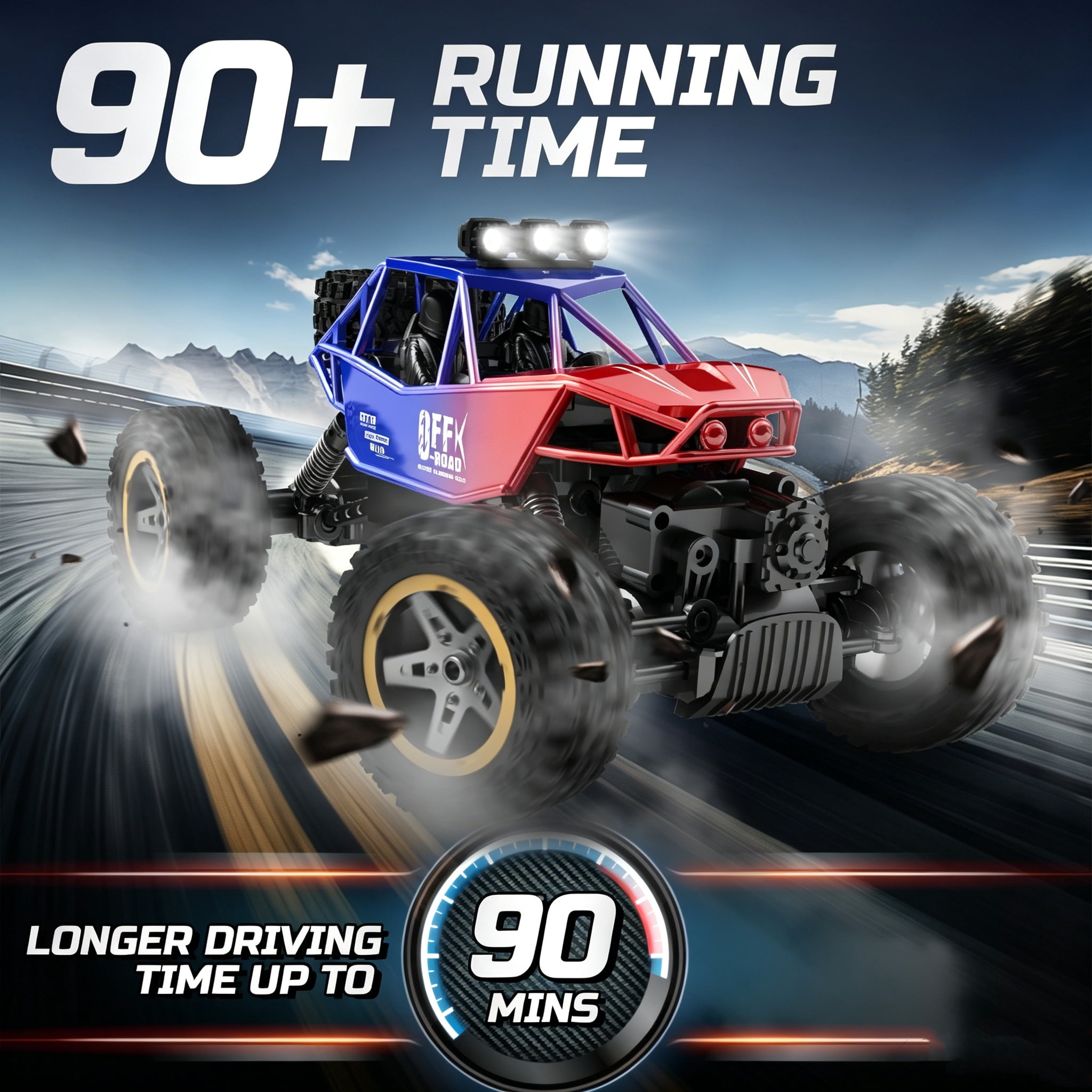 JoyStone 4WD RC Cars, 1:16 Off Road Monster Truck with LED Headlight Rock Crawler, 2 Batteries for 70+ Min Play, Gift Toys for Girls Kids Boys (Red & Blue)
