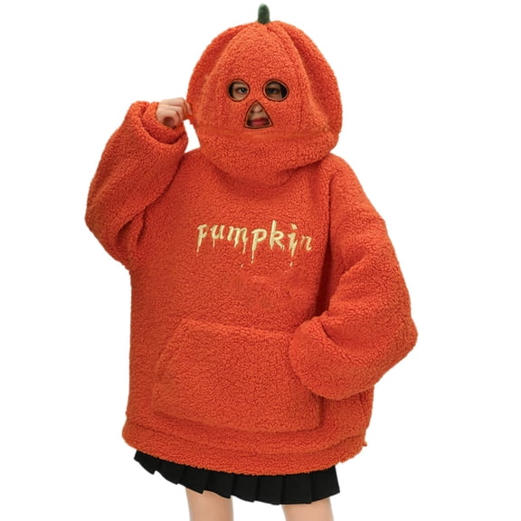 Certgust Essentials Hoodie Under $15 Womens Halloween Plush Hoodie with Pumpkin Head Graphic for Cozy Fall Winter Fuzzy Pullover Style