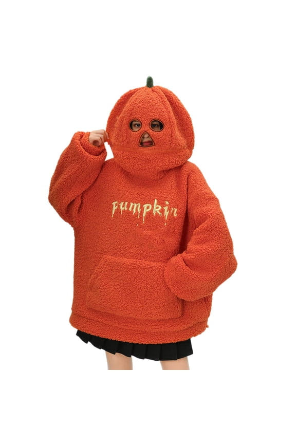 Halloween Pumpkin Hoodie for Women Pumpkin Face Long Sleeve Tops Fall Hoodie Party Pullover Halloween Plush Hoodie Fall Winter Pumpkin Head Plush Holiday Sweatshirt Fuzzy Pullover Orange L