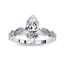 Solitaire Engagement Ring for Women Center 10x5mm Marquise and Round Cut Lab Created Moissanite Beaded Promise Rings In 14K Solid White Gold Jewelry Gift for Her, Size 9.5