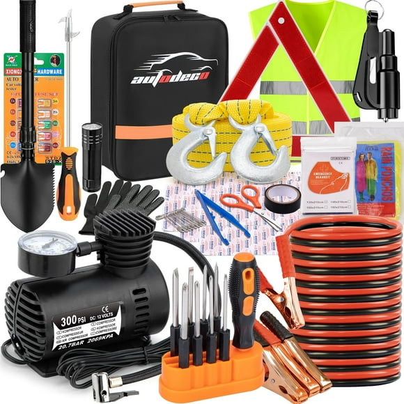 Kit de emergencia para auto AUTODECO con cables pasa corriente e inflador