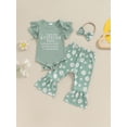 thumbnail image 2 of Suealasg 3Pcs Baby Girls Clothes 3 6 12 18 Months Infant Short Sleeve Letter Print Romper +Floral Flare Pants +Headband Newborn Girls Summer Casual Outfits, 2 of 7