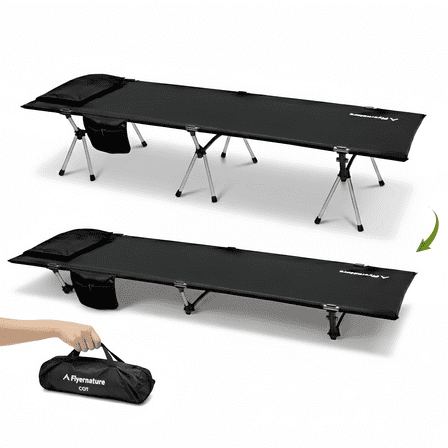 Flyernature 2-in-1 Ultra-Light Portable Camping Cot for Adults Folding Backpacking Cot with Leg Extenders, 300 LBS One Person Sleeping Cot, Black