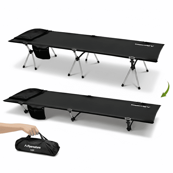 Flyernature 2-in-1 Ultra-Light Portable Camping Cot for Adults Folding Backpacking Cot with Leg Extenders, 300 LBS One Person Sleeping Cot, Black