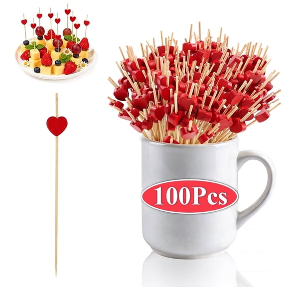 Valentines  Heart Toothpicks - 100PCS Heart Bamboo Cocktail Sticks for Fruit Drink Dessert  Valentines Wedding Birthday Party Decoration ,Red