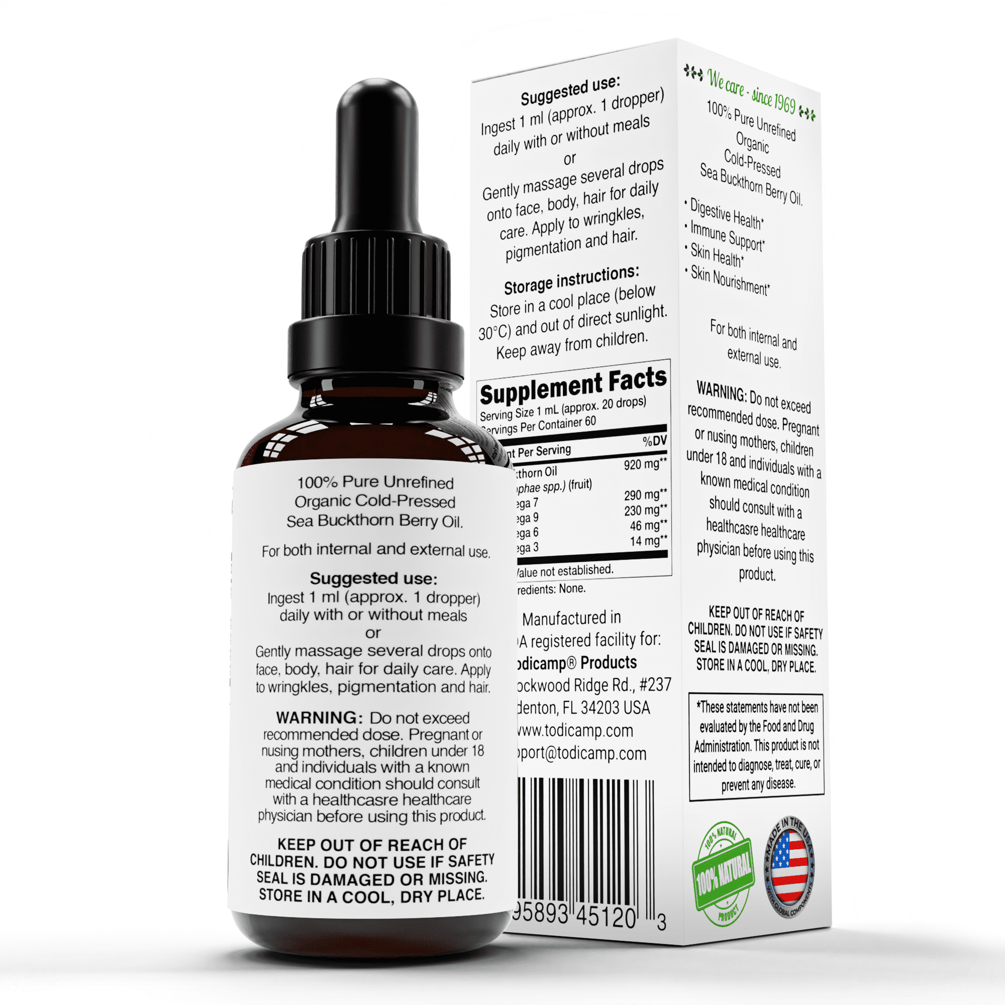 TODICAMP Sea Buckthorn Oil - 2 fl oz SeaBuckthorn Berry Oil Omega Supplement