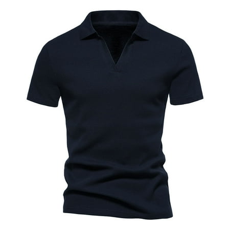 Mens Shirts Under $10 Men s V Neck Shirts Short Sleeve Business Tops Slim Fitted Collared Golf Shirt Performance Cotton Tees Navy XXXL