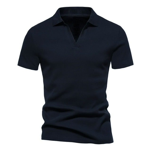Plebaso Men's V Neck T Shirts with Collar Short Sleeve Cotton Shirts Casual Solid Color Summer Soft Tee