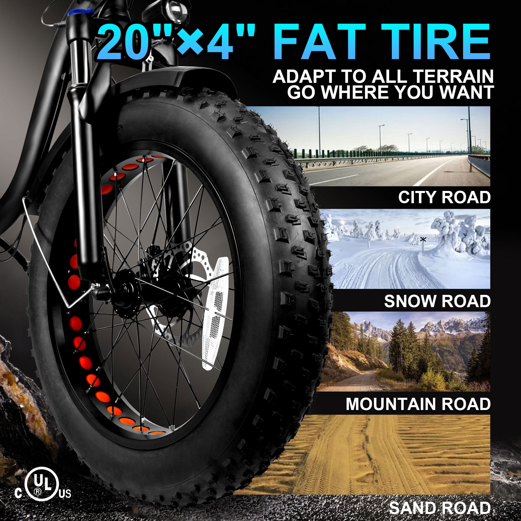 Gpower Foldable Electric Mountain Bike for Adult 20", 750W Motor,Fat Tire,48V 15AH,UL2849,Black