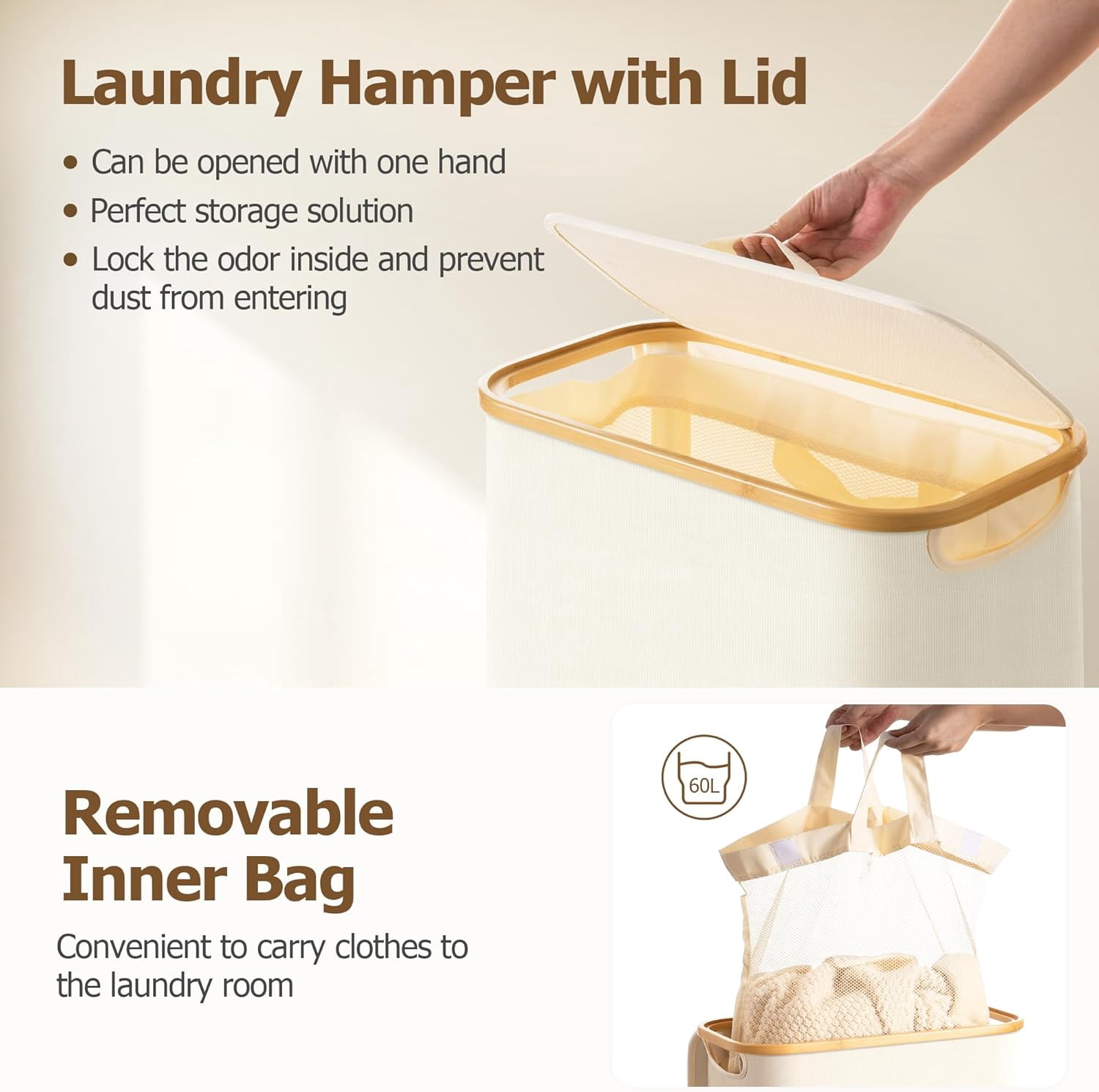 HBlife 60L Slim Laundry Hamper with Lid and Removable Inner Bag,Beige