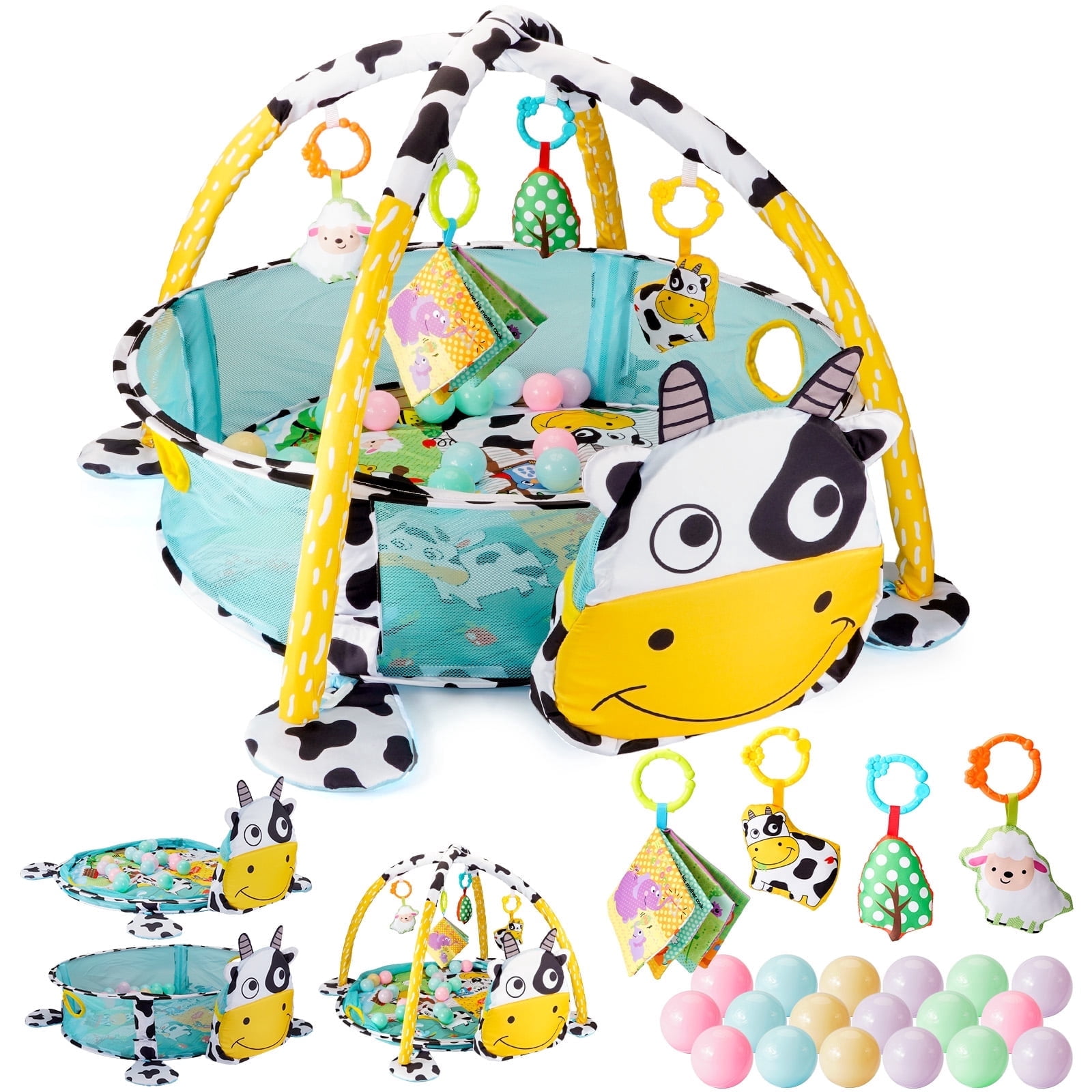 Towond 4-in-1 Baby Play Gym & Activity Mat, Cow Theme Ocean Ball Pit with Detachable Toys, Sensory & Motor Development Tummy Time Mat for Infants & Toddlers 0-36 Months