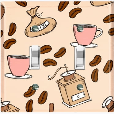 Metal Light Switch Wall Plate Outlet Cover (Coffee Espresso Mocha Bean Grounds Grinder Beige Pattern - Double Toggle)