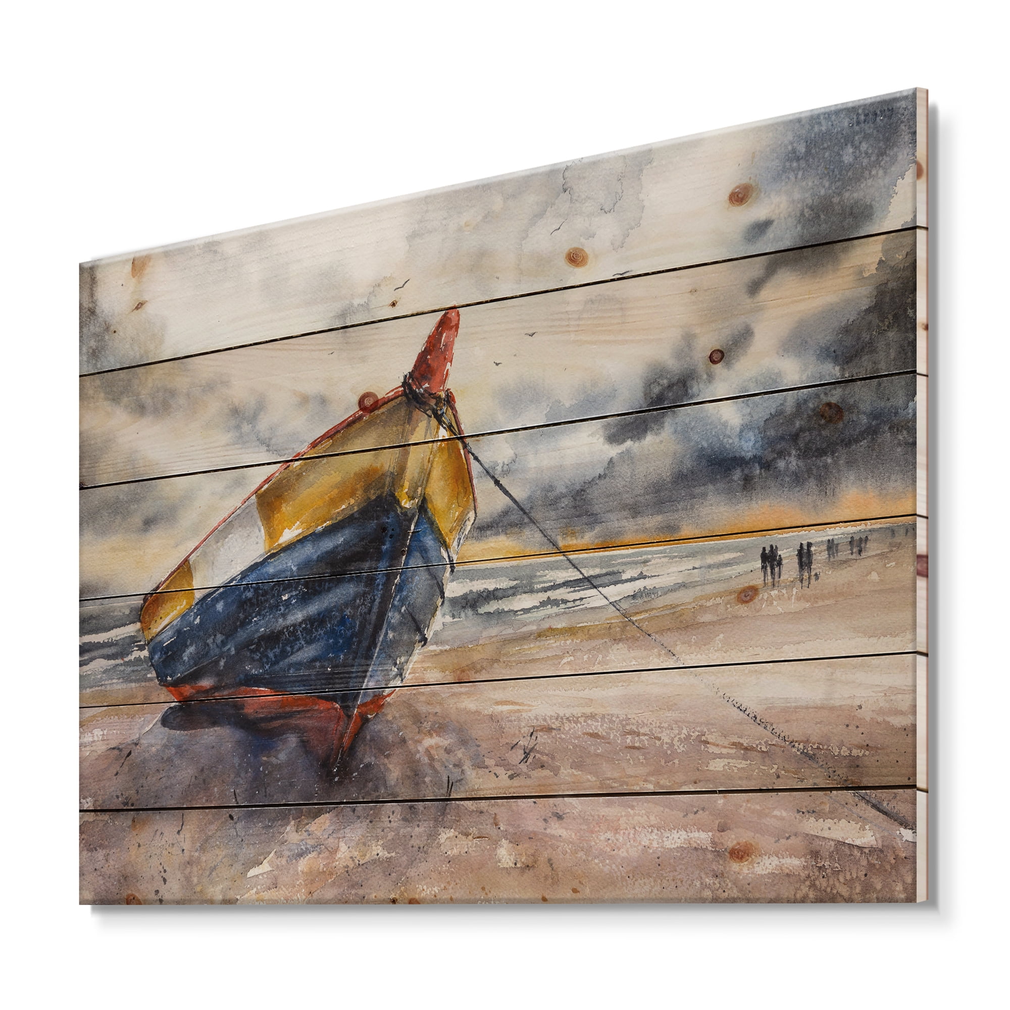 Designart 'Wooden Boat On The Baltic Shores At Evening Glow' Nautical & Coastal Print on Natural Pine Wood